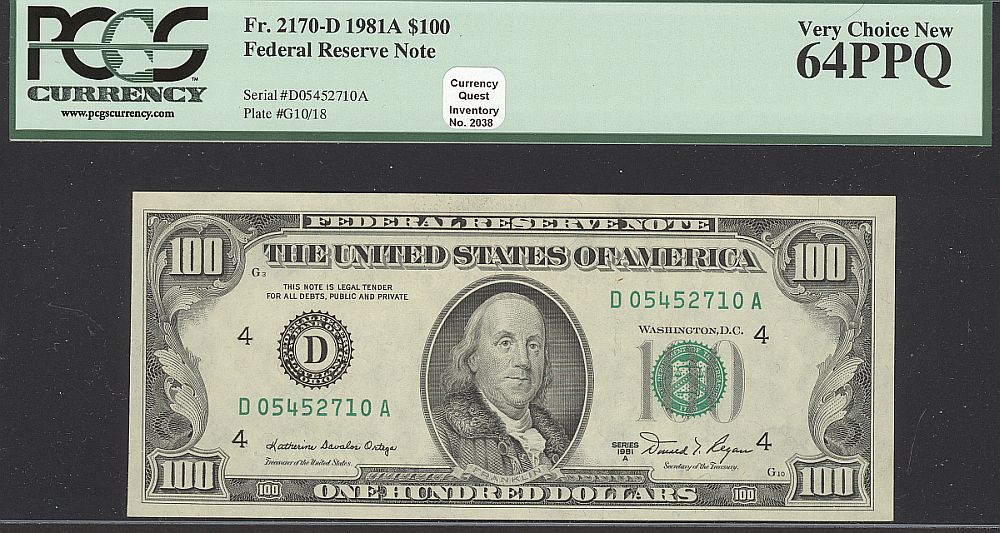 Fr.2170-D, 1981A $100 Cleveland FRN, Very Choice CU, D05452710A, PCGS64-PPQ